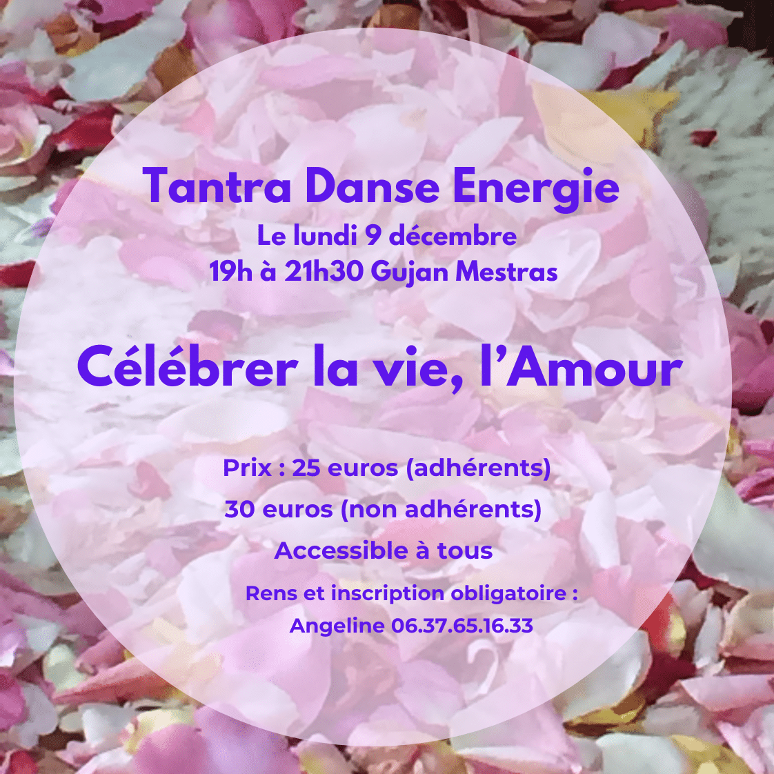 flyer annonçant le tantra danse energie accessible pour tous le 9 decembre à 19h